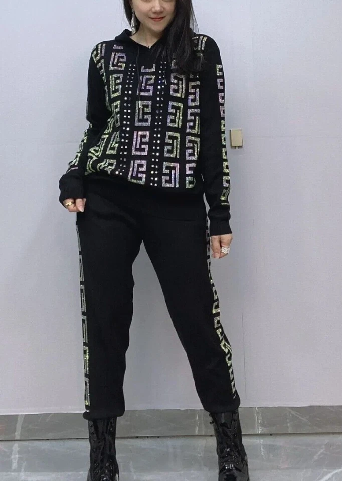 Nuevo conjunto de 2 piezas de chándal tejido con diamantes de imitación de lujo para mujer Foto 1 de 4