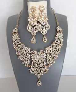 Parure Set of 3pcs Statement Necklace & Set of Chandelier Earrings in Gold Tone - Picture 1 of 13
