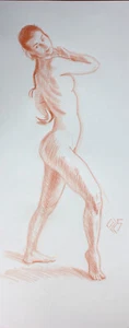 Original Female red Crayon on paper life Drawing nude Girl woman artwork art - Picture 1 of 1