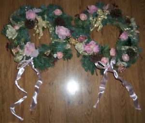 2- Pink Rose Flower w/ Angel & Pinecone Christmas Door Wreath Shaby Chic 18" Set - Picture 1 of 11