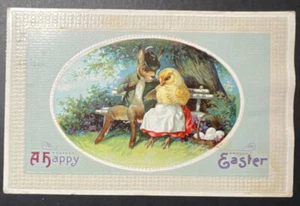 Una Feliz Pascua impresa 1912 Lewiston Maine en relieve conejo cortejando pollito - Imagen 1 de 2