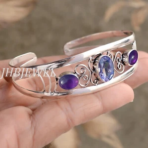 Amethyst & Amethyst Cut Gemstone 925 Sterling Silver Cuff Beautiful Gift Bangle - Picture 1 of 4