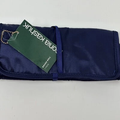 Rollo organizador de brochas de maquillaje Sonia Kashuk azul marino satinado cierre de corbata Foto 1 de 4