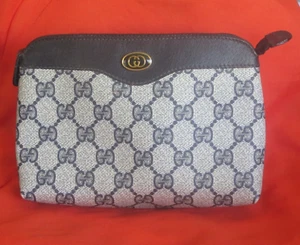 Vintage ~ Gucci ~ Make-up travel bag purse Navy Blue Canvas Leather GG 80's COA - Picture 1 of 18