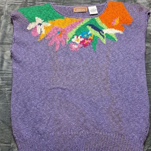 Vintage WORTHINGTON Petite Sweater Sz 2X Purple Floral Inlay Knit Sleeveless 90s - Picture 1 of 8