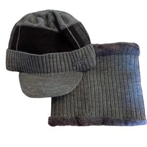 Sport Winter Hat and Neck Scarf Set Knit Beanie Cap w/Visor Warm Fleece Lining - Picture 1 of 7