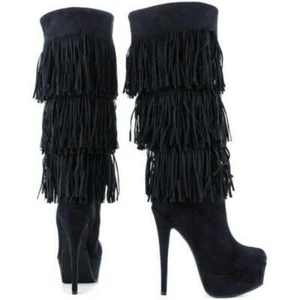 Stivali alti al ginocchio donna con frange tacco alto pull on nappe scarpe plateau oversize - Foto 1 di 13