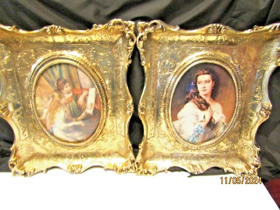 2-BEAUTIFUL FRAMED GOLD RESIN-OVAL GLASS-VICTORIAN LADY & CHILDREN PLAYING PIANO - Image 1 of 4