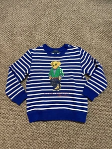 Polo Ralph Lauren Boys Polo Bear Fleece Striped Sweatshirt Blue Size 6 New - Picture 1 of 6