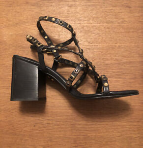 Stunning Bronx Meave Star Black Leather 9cm Block Heel Studs Sandals Uk 7.5 New
