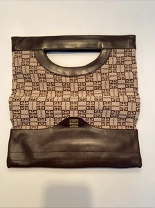 Vtg Givenchy Sac Brown Clutch Handled Handbag Purse Canvas Monogram Leather Trim - Picture 1 of 12