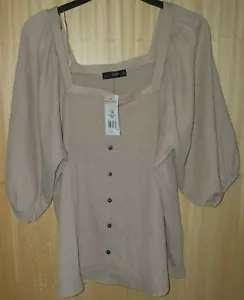 CAMEL/BEIGE COLOUR MOCK BLOUSE WITH PUFF 3/4 SLEEVES SIZE 16 - Picture 1 of 3