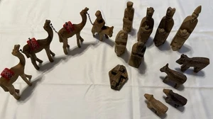 Vintage 16-teiliges Olivenholz Krippenset handgeschnitzt Heiliges Land Bethlehem mit Kamelen - Bild 1 von 6