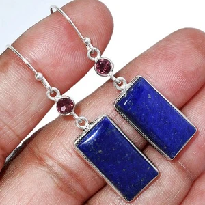 Lapis Lazuli - Afghanistan & Garnet 925 Sterling Silver Earrings Jewelry E-1002 - Picture 1 of 5