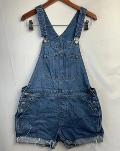 Old Navy Blue Denim Short Overalls L Distressed Frayed Hem 100% Cotton - Picture 1 of 12