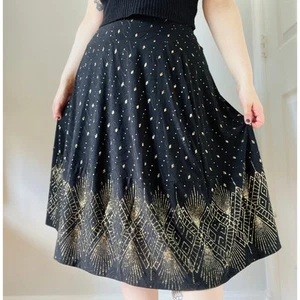 JM Collection Black Gold Patterned Midi Skirt Petite L Flowy Stretch Boho Chic - Picture 1 of 9
