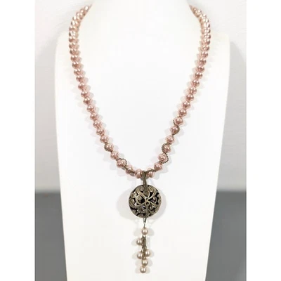 Coldwater Creek Pink Beige Faux Pearl Medallion Tassel Necklace Boho 22" - Image 1 of 4