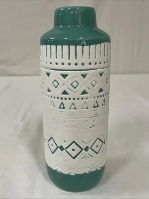 9" Two-tone Teal Glaze White Textured Ceramic Bud Flower Vase Boho Farmhouse - Image 1 of 4
