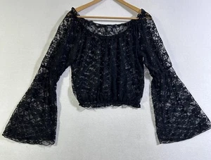 Vtg Sheer Top Black Lace Witchy Fairy Goth Whimsigoth M Y2K Bell Sleeves - Picture 1 of 10