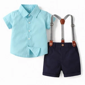 Baby Boys Clothes Gentleman Outfits Suits Button Down Shirt Suspender Shorts 0-6 - Picture 1 of 4