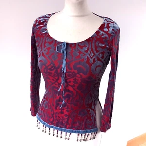 Vintage 90s Y2K Betsey Johnson New York Burnout Velvet Devore Beaded Top sz S Boho - Bild 1 von 12