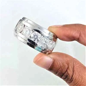 3.94CT White Round Cut CZ Five Stone Men's Wedding Band Ring In Solid 925 Silver - Picture 1 of 12