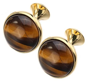 Elegante Tigerauge runder Edelstein 18k vergoldet Manschettenknöpfe - CUFFLINKS DIRECT - Bild 1 von 9