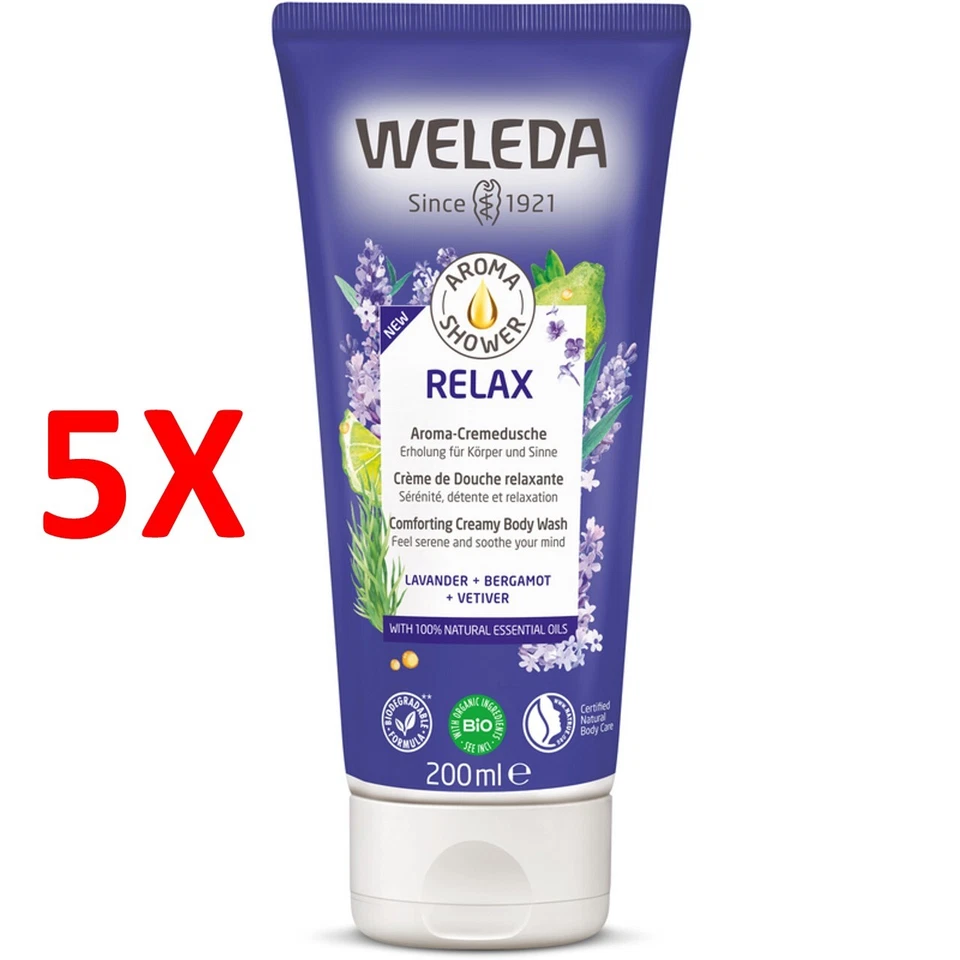 5 X Weleda Aroma Shower Doccia Relax Lavander, Bergamot, Vetiver Tubo 200 Ml - Immagine 1 di 1