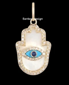 Beautiful Hamsa Mother Of Pearl Turquiose Blue Sapphire Diamond Silver Pendant - Picture 1 of 2