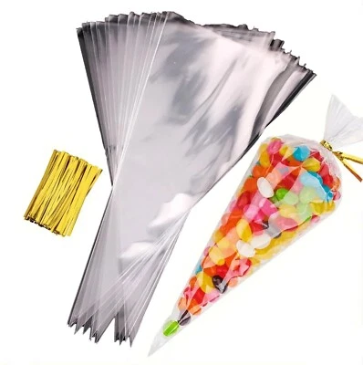 Clear Cellophane Cone Sweet Bags Cello Candy Birthday Kid Party Favor Gift Treat