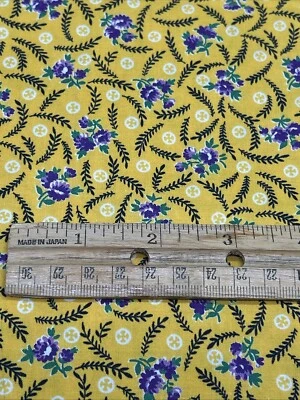 VTG Calico Yellow Cotton Fabric Purple Flower Tiny 35” W Quilt Sew Doll 1 1/4 Yd - Image 1 of 4