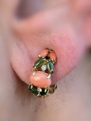 VTG Salmon Coral Emerald Gemstones Cubic Zirconia Women Clip-On Earrings Gift - Image 1 of 2