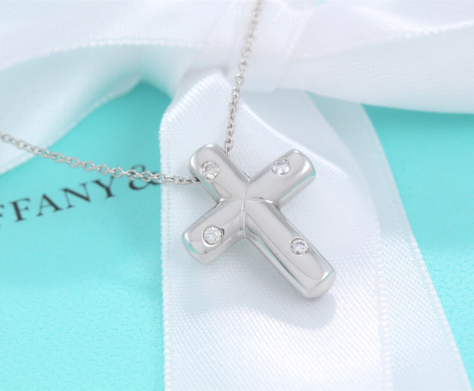 Tiffany & Co Diamond Platinum Etoile Cross Pendant 16.75" Necklace in Box Pouch - Image 1 of 4