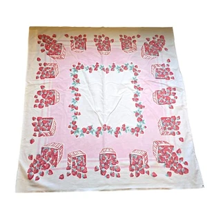 Vintage Tablecloth Strawberries Baskets Strawberry 1950s Table Linen 46x49 Pink - Picture 1 of 15
