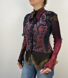 Save The Queen Mesh Multicolor Art Blouse Shirt Top Asymmetrical Snap Size L - Picture 1 of 11