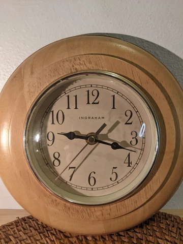 Vintage Round Ingraham Wall Clock Quartz Maple Wood WORKS 9" Mid-Century Cover