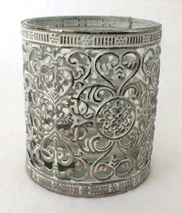 Windlicht Glas Metall Antik Weiss Silber Höhe 9 x Ø 7,5 cm orientalisch - Bild 1 von 2