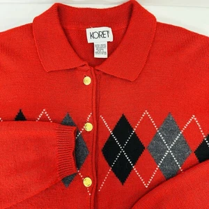 Koret VTG Womans Acrylic Wool Blend Argyle Button Up Cardigan Red Black  READ L - Picture 1 of 8