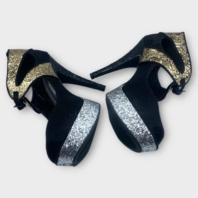 Velvet Heart Black Glitter Platform Heels Size 6.5 Gold & Silver Peep Toe Pumps - Image 1 of 4