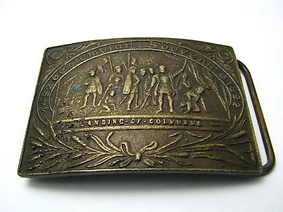 VTG BRASS BELT BUCKLE Columbian Souvenir "Columbus Landing 1492-1892" USA c1950s - Image 1 of 4