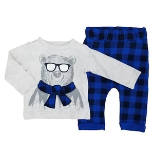 Infant Boys 2-Piece Polar Bear Long Sleeve T-Shirt & Plaid Pants Set - Picture 1 of 1