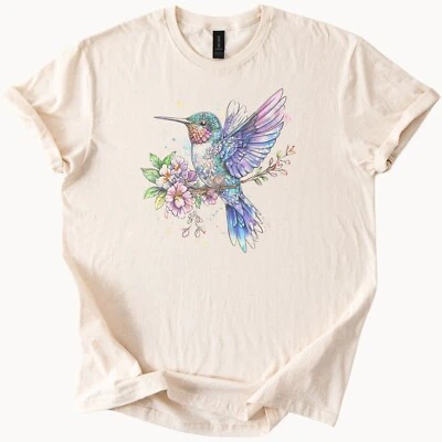 Colibrí Arte Floral Gráfico Camiseta Pastel Pájaro Naturaleza Camiseta Foto 1 de 4