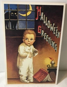 Reproduction Halloween Postcard Lillian Vernon Scared Boy Black Cat in Window - Picture 1 of 2