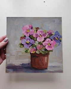 Flowers 0il Painting on cardboard Original Art Fine Art Still Life Violet Pink - Picture 1 of 12