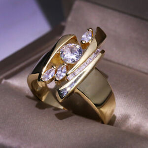 Unique Round White Sapphire Geometric Wedding Ring 18K Yellow Gold Women Jewelry
