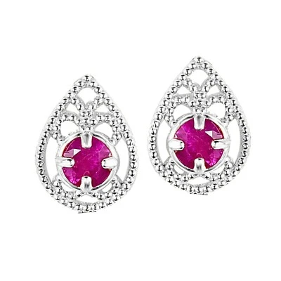 1 CT Round Lab-Created Ruby Pear Stud Earrings 14K White Gold Plated Silver - Image 1 of 3