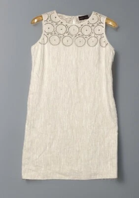 Dana Bachman Women Dress Sz 8 Beige Linen Cotton Blend Eyelet Casual Beachy - Image 1 of 4
