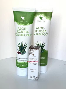 SET of Forever Aloe-Jojoba Shampoo, Conditioning Rinse (10 fl.oz ea), hair oil - Imagen 1 de 5