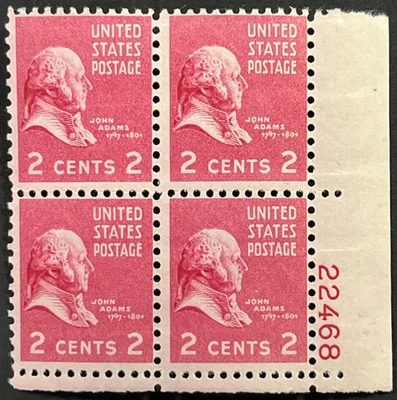 US Presidential Series, Scott #806, 2c John Adams, Plate Block of 4, MNH, F-VF - Image 1 of 2
