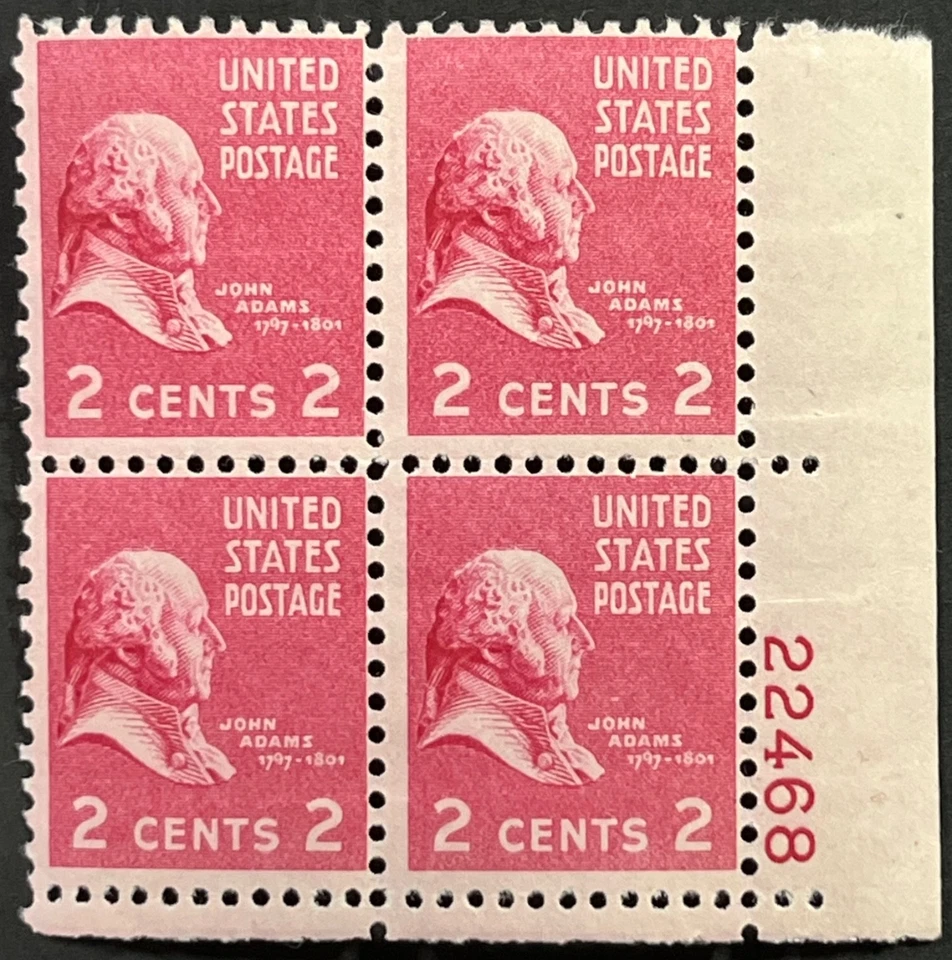 US Presidential Series, Scott #806, 2c John Adams, Plate Block of 4, MNH, F-VF - Image 1 of 2
